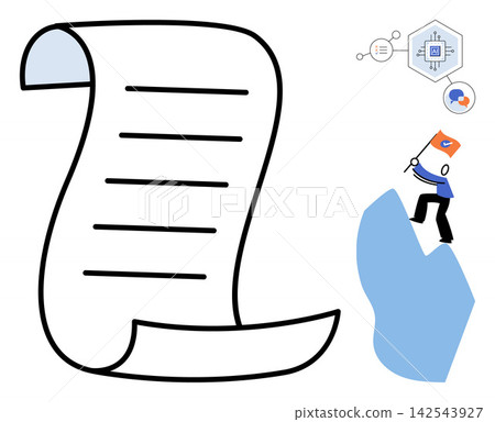 A person climbing a mountain with a flag next to a paper document vector illustration. Success, goal setting, strategy, planning, achievement, business growth. Character reaching the peak 142543927