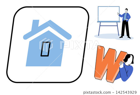 House icon and people presenting information vector illustration. Education, real estate, corporate training, property management, business growth, communication. Building symbol and instructor House icon and people presenting information vector illustration. Education, real estate, corporate training, property management, business growth, communication. Building symbol and instructor 142543929