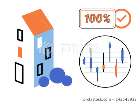 Residential building with a financial candlestick chart and a hundred percent success icon vector illustration. Property investment, market growth, real estate, housing, finance, success. Apartment Residential building with a financial candlestick chart and a hundred percent success icon vector illustration. Property investment, market growth, real estate, housing, finance, success. Apartment 142543932