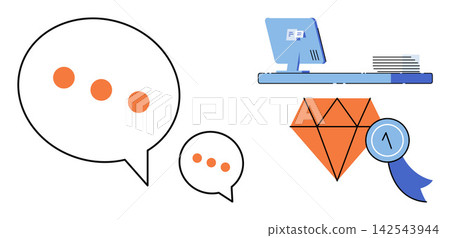 Speech bubbles with computer desk and diamond award vector illustration. Customer support, professional feedback, quality assurance, digital service, business excellence, online communication. Chat Speech bubbles with computer desk and diamond award vector illustration. Customer support, professional feedback, quality assurance, digital service, business excellence, online communication. Chat 142543944