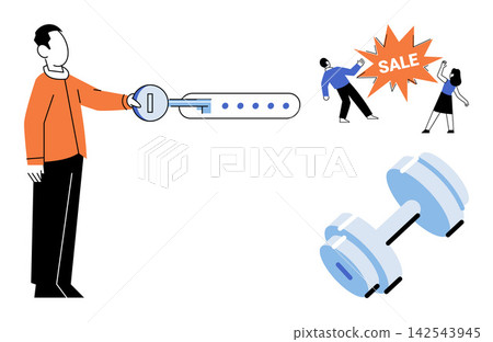 Man holding a key to a password field, people reacting to a sale sign, and a dumbbell vector illustration. Business security, shopping, fitness, growth, marketing, health. Accessing data Man holding a key to a password field, people reacting to a sale sign, and a dumbbell vector illustration. Business security, shopping, fitness, growth, marketing, health. Accessing data 142543945