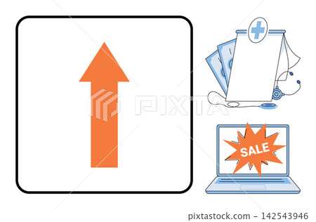 Upward arrow icon with medical clipboard and laptop sale vector illustration. Business growth, healthcare finance, digital marketing, online shopping, medical billing, commerce. Directional sign Upward arrow icon with medical clipboard and laptop sale vector illustration. Business growth, healthcare finance, digital marketing, online shopping, medical billing, commerce. Directional sign 142543946