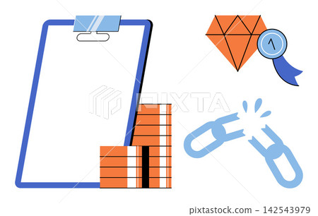 Clipboard with money stacks diamond award and broken chain vector illustration. Financial achievement, business growth, success, freedom, goal setting, investment strategy. Document with currency Clipboard with money stacks diamond award and broken chain vector illustration. Financial achievement, business growth, success, freedom, goal setting, investment strategy. Document with currency 142543979