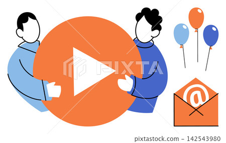 Two people holding a large play button icon next to an email envelope and balloons vector illustration. Digital marketing, content strategy, social media, communication, engagement, promotion. Users Two people holding a large play button icon next to an email envelope and balloons vector illustration. Digital marketing, content strategy, social media, communication, engagement, promotion. Users 142543980