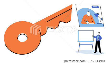 Key icon with business training and remote work scenes vector illustration. Success, education, strategy, management, development, growth. Unlocking potential with professional guidance Key icon with business training and remote work scenes vector illustration. Success, education, strategy, management, development, growth. Unlocking potential with professional guidance 142543981