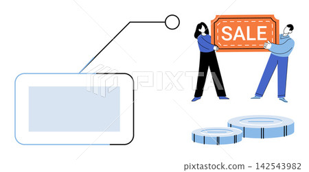 People holding a sale sign and an empty screen vector illustration. Retail, shopping, marketing, discount, promotion, e-commerce. Characters presenting a promotional banner and display People holding a sale sign and an empty screen vector illustration. Retail, shopping, marketing, discount, promotion, e-commerce. Characters presenting a promotional banner and display 142543982