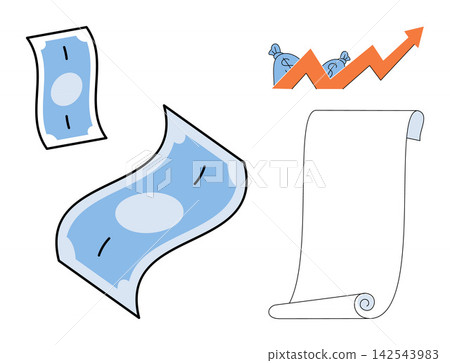 Flying banknotes and a rising profit graph vector illustration. Business growth, financial success, investment strategy, economic progress, wealth management, market analysis. Paper money and chart Flying banknotes and a rising profit graph vector illustration. Business growth, financial success, investment strategy, economic progress, wealth management, market analysis. Paper money and chart 142543983