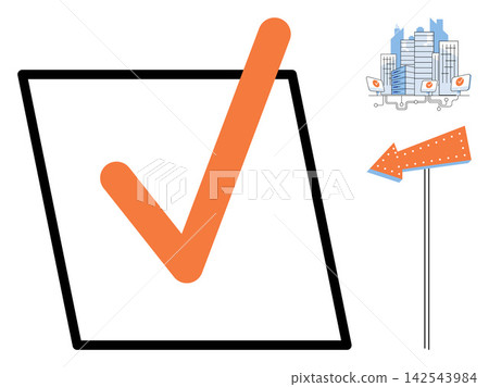 Checkmark in a square box with a city skyline and arrow sign vector illustration. Business, logistics, urban planning, navigation, success, infrastructure. Correct symbol in frame Checkmark in a square box with a city skyline and arrow sign vector illustration. Business, logistics, urban planning, navigation, success, infrastructure. Correct symbol in frame 142543984
