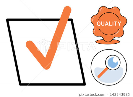 Checkmark inside a square with quality seal and magnifying glass vector illustration. Business standards, quality control, verification, inspection, compliance, audit. Approved symbol with stamp Checkmark inside a square with quality seal and magnifying glass vector illustration. Business standards, quality control, verification, inspection, compliance, audit. Approved symbol with stamp 142543985