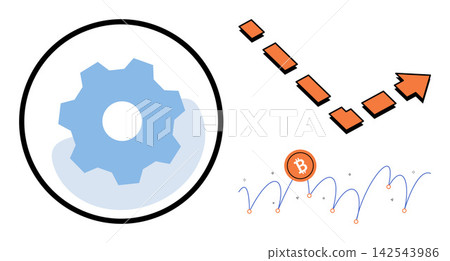 Gear icon and bitcoin price chart vector illustration. Financial trading, digital currency, market volatility, technical analysis, investment strategy, economic growth. Crypto asset graph Gear icon and bitcoin price chart vector illustration. Financial trading, digital currency, market volatility, technical analysis, investment strategy, economic growth. Crypto asset graph 142543986