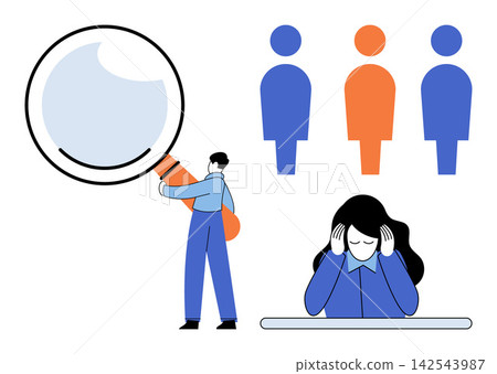 HR manager holding a magnifying glass to observe employees and a stressed worker vector illustration. Recruitment, talent management, workplace stress, mental health, evaluation, business analysis HR manager holding a magnifying glass to observe employees and a stressed worker vector illustration. Recruitment, talent management, workplace stress, mental health, evaluation, business analysis 142543987