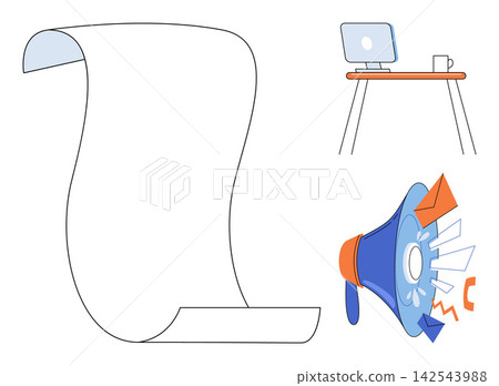 Blank paper scroll desk and megaphone vector illustration. Marketing, business, communication, advertising, promotion, announcement. Empty parchment sheet workspace and loudspeaker device 142543988