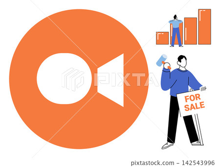Real estate agent with for sale sign and investor with growth chart vector illustration. Property market, investment strategy, housing sales, financial growth, home ownership, business. Realtor Real estate agent with for sale sign and investor with growth chart vector illustration. Property market, investment strategy, housing sales, financial growth, home ownership, business. Realtor 142543996
