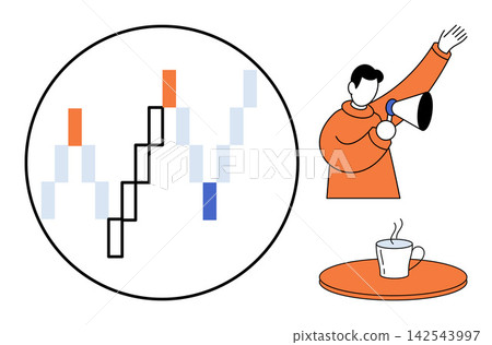 Man with megaphone, financial chart, and coffee cup vector illustration. Marketing, business growth, communication, strategy, coffee break, office lifestyle. Person shouting into loudspeaker Man with megaphone, financial chart, and coffee cup vector illustration. Marketing, business growth, communication, strategy, coffee break, office lifestyle. Person shouting into loudspeaker 142543997