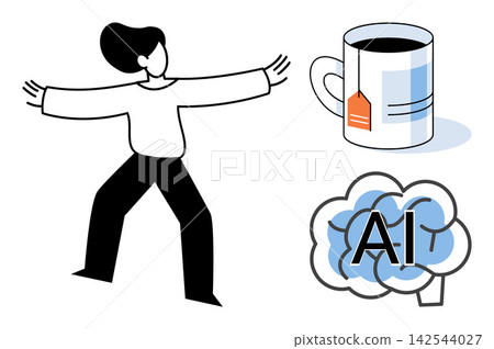 Person balancing with tea and artificial intelligence brain vector illustration. Productivity, work life balance, mental health, technology, mindfulness, cognitive focus. Human equilibrium Person balancing with tea and artificial intelligence brain vector illustration. Productivity, work life balance, mental health, technology, mindfulness, cognitive focus. Human equilibrium 142544027