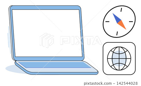 Laptop computer with compass and globe icons vector illustration. Travel planning, digital navigation, global communication, remote work, internet research, geography study. Notebook with map tools Laptop computer with compass and globe icons vector illustration. Travel planning, digital navigation, global communication, remote work, internet research, geography study. Notebook with map tools 142544028
