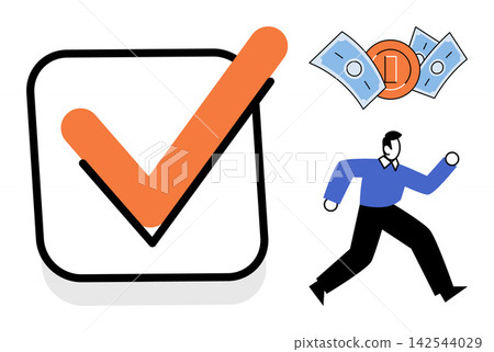 Checkmark icon with a running businessman and currency vector illustration. Financial growth, career success, goal achievement, profit increase, task completion, business efficiency. Verified sign Checkmark icon with a running businessman and currency vector illustration. Financial growth, career success, goal achievement, profit increase, task completion, business efficiency. Verified sign 142544029