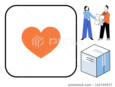 Heart icon, people connecting puzzle pieces and delivery box vector illustration. Teamwork, logistics, shipping, romance, problem solving, supply chain. Love symbol, partners assembling jigsaw Heart icon, people connecting puzzle pieces and delivery box vector illustration. Teamwork, logistics, shipping, romance, problem solving, supply chain. Love symbol, partners assembling jigsaw 142544037