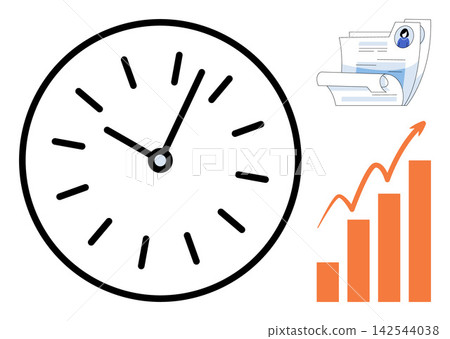 Clock with document and rising bar chart vector illustration. Efficiency, project management, financial growth, deadline, corporate planning, success. Timepiece with report and graph Clock with document and rising bar chart vector illustration. Efficiency, project management, financial growth, deadline, corporate planning, success. Timepiece with report and graph 142544038