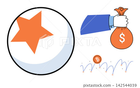 Star rating icon and hand holding money bag with bitcoin chart vector illustration. Finance, investment, banking, cryptocurrency, success, wealth. Rating symbol and currency sack Star rating icon and hand holding money bag with bitcoin chart vector illustration. Finance, investment, banking, cryptocurrency, success, wealth. Rating symbol and currency sack 142544039