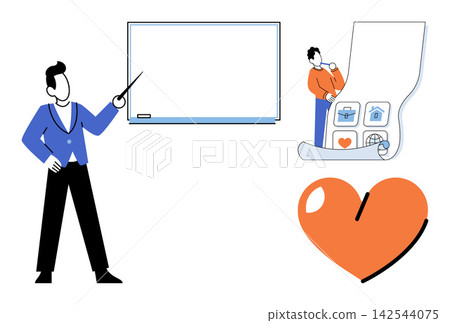 Teacher pointing at whiteboard and person planning with icons vector illustration. Education, business strategy, project management, love, corporate training, goal setting. Instructor showing board Teacher pointing at whiteboard and person planning with icons vector illustration. Education, business strategy, project management, love, corporate training, goal setting. Instructor showing board 142544075