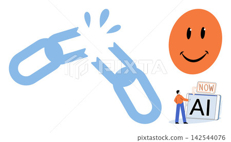 Broken chain link with artificial intelligence and smiling face vector illustration. Technology, innovation, disruption, digital transformation, progress, future. Severed metal connection Broken chain link with artificial intelligence and smiling face vector illustration. Technology, innovation, disruption, digital transformation, progress, future. Severed metal connection 142544076
