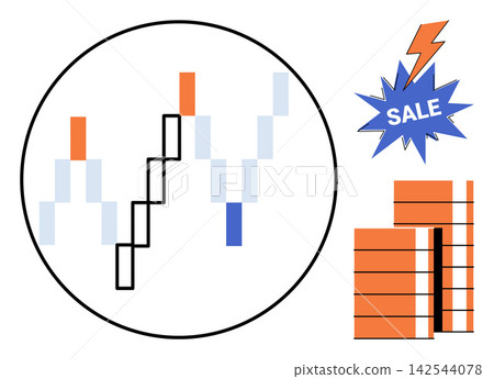 Stock market chart with rising trends and a sale badge vector illustration. Investment, trading, commerce, profit, economy, discount. Financial data analysis with promotional offer Stock market chart with rising trends and a sale badge vector illustration. Investment, trading, commerce, profit, economy, discount. Financial data analysis with promotional offer 142544078