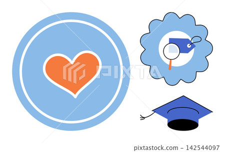 Heart icon, search tag, and graduation cap vector illustration. E-learning, social media, academic achievement, online research, romantic connection, knowledge. Love symbol, magnifying glass Heart icon, search tag, and graduation cap vector illustration. E-learning, social media, academic achievement, online research, romantic connection, knowledge. Love symbol, magnifying glass 142544097