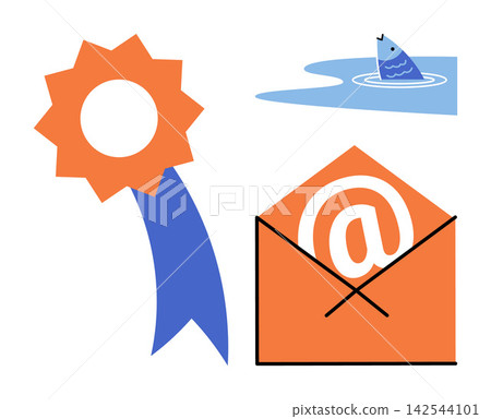 Award ribbon, email envelope, and fish jumping in water vector illustration. Achievement, communication, success, nature, digital marketing, wildlife. Prize badge, message aquatic animal 142544101
