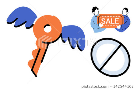 Flying key with wings and people holding sale sign vector illustration. Marketing, commerce, access, restriction, discount, business strategy. Winged object and prohibited symbol icon Flying key with wings and people holding sale sign vector illustration. Marketing, commerce, access, restriction, discount, business strategy. Winged object and prohibited symbol icon 142544102