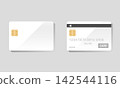 Front and back mockups of a credit card with an IC chip. 142544116