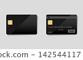 Front and back mockups of a black credit card with an IC chip. 142544117