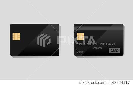 Front and back mockups of a black credit card with an IC chip. Front and back mockups of a black credit card with an IC chip. 142544117