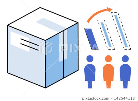 Package delivery and logistics workflow vector illustration. Supply chain, distribution, shipping, transport, order fulfillment, customer service. Cardboard box and group of people icons Package delivery and logistics workflow vector illustration. Supply chain, distribution, shipping, transport, order fulfillment, customer service. Cardboard box and group of people icons 142544118