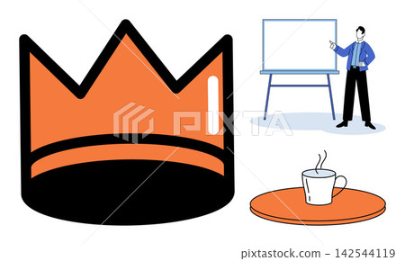 Crown icon, presenter at whiteboard and coffee cup vector illustration. Leadership, corporate training, office break, management, professional development, success. Royal symbol, speaker, beverage Crown icon, presenter at whiteboard and coffee cup vector illustration. Leadership, corporate training, office break, management, professional development, success. Royal symbol, speaker, beverage 142544119