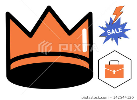 Orange crown icon with a sale flash and briefcase symbol vector illustration. Retail, commerce, business, marketing, promotion, leadership. Royal headwear, discount burst, portfolio sign Orange crown icon with a sale flash and briefcase symbol vector illustration. Retail, commerce, business, marketing, promotion, leadership. Royal headwear, discount burst, portfolio sign 142544120