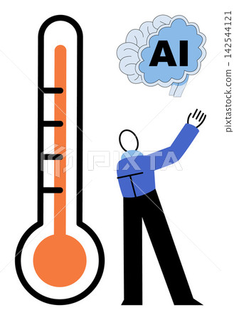 Person adjusting artificial intelligence brain temperature vector illustration. Technology management, climate control, data processing, system optimization, digital cooling, machine learning. Human Person adjusting artificial intelligence brain temperature vector illustration. Technology management, climate control, data processing, system optimization, digital cooling, machine learning. Human 142544121