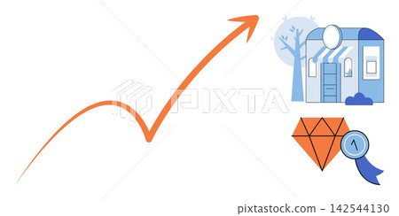 Rising arrow graph with storefront and award icon vector illustration. Business growth, retail success, premium quality, market expansion, achievement, brand value. Increasing chart with shop Rising arrow graph with storefront and award icon vector illustration. Business growth, retail success, premium quality, market expansion, achievement, brand value. Increasing chart with shop 142544130