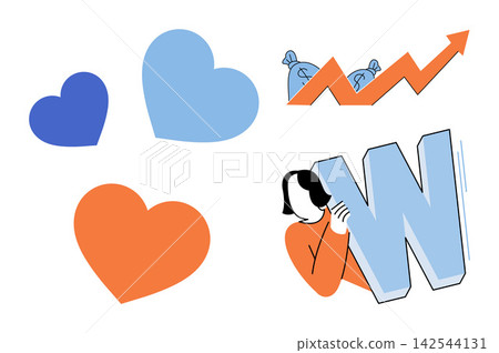 Hearts, rising financial graph with money bags, and person holding letter W vector illustration. Success, wealth, affection, branding, marketing, corporate identity. Love icons and growth chart 142544131