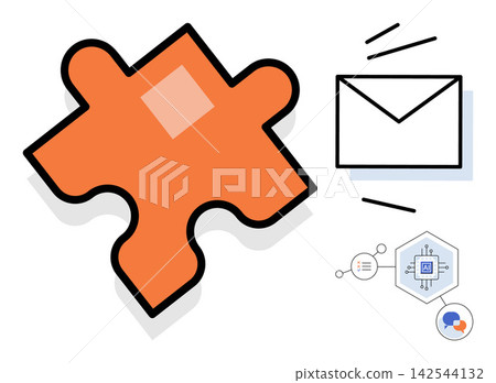 Orange puzzle piece with an envelope icon and digital technology elements vector illustration. Communication, data integration, artificial intelligence, problem solving, networking, connectivity Orange puzzle piece with an envelope icon and digital technology elements vector illustration. Communication, data integration, artificial intelligence, problem solving, networking, connectivity 142544132