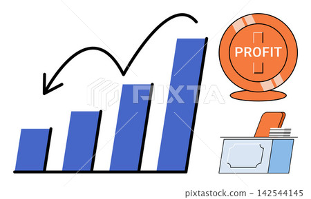 Bar chart with downward arrow, profit coin, and office desk vector illustration. Financial loss, market decline, economic crisis, business failure, investment risk, corporate bankruptcy. Declining Bar chart with downward arrow, profit coin, and office desk vector illustration. Financial loss, market decline, economic crisis, business failure, investment risk, corporate bankruptcy. Declining 142544145