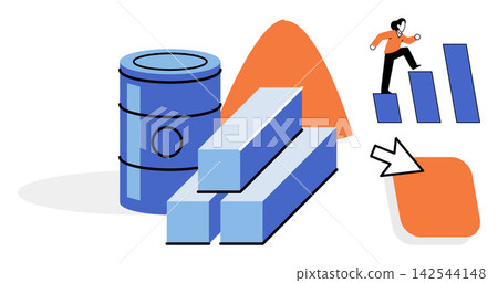 Industrial raw materials and economic growth vector illustration. Commodity trading, market analysis, supply chain, production logistics, financial investment, business development. Oil barrel Industrial raw materials and economic growth vector illustration. Commodity trading, market analysis, supply chain, production logistics, financial investment, business development. Oil barrel 142544148