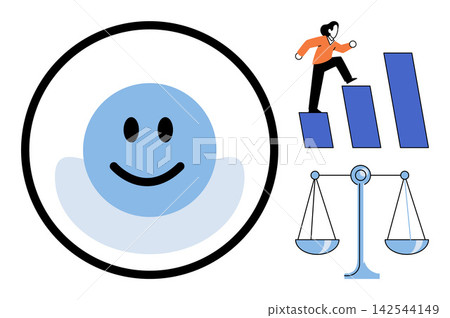 happy face icon with a person climbing a bar chart and a balance scale vector illustration. Psychology, personal development, work life balance, career growth, emotional stability, success. Happy happy face icon with a person climbing a bar chart and a balance scale vector illustration. Psychology, personal development, work life balance, career growth, emotional stability, success. Happy 142544149