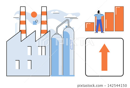 Industrial factory with production tanks and a businessman analyzing a rising bar chart vector illustration. Economic growth, manufacturing efficiency, business development, industrial progress Industrial factory with production tanks and a businessman analyzing a rising bar chart vector illustration. Economic growth, manufacturing efficiency, business development, industrial progress 142544150