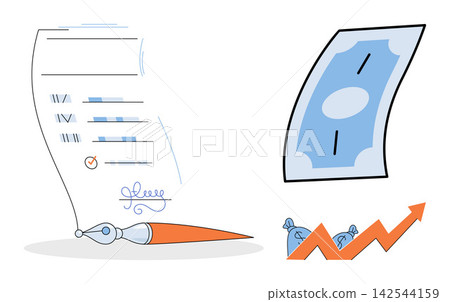Signed legal contract with fountain pen and money growth vector illustration. Finance, investment, banking, economy, wealth, success. Document agreement with currency and profit chart Signed legal contract with fountain pen and money growth vector illustration. Finance, investment, banking, economy, wealth, success. Document agreement with currency and profit chart 142544159