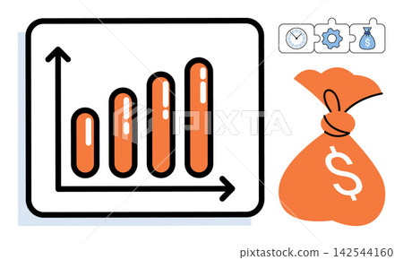 Bar chart and money bag vector illustration. Financial growth, investment strategy, capital management, business success, profit increase, economic development. Rising graph and currency sack Bar chart and money bag vector illustration. Financial growth, investment strategy, capital management, business success, profit increase, economic development. Rising graph and currency sack 142544160