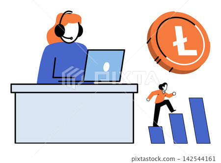 Customer service agent with laptop and Litecoin coin vector illustration. Finance, digital currency, investment, business growth, technical support, online trading. Operator working with crypto Customer service agent with laptop and Litecoin coin vector illustration. Finance, digital currency, investment, business growth, technical support, online trading. Operator working with crypto 142544161