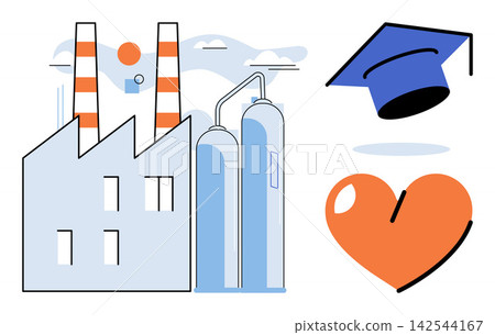 Industrial factory building with graduation cap and heart symbol vector illustration. Education, manufacturing, corporate social responsibility, career development, sustainability, philanthropy Industrial factory building with graduation cap and heart symbol vector illustration. Education, manufacturing, corporate social responsibility, career development, sustainability, philanthropy 142544167