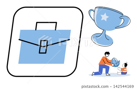Business briefcase, trophy cup, and father playing with child vector illustration. Career success, work life balance, parenting, professional achievement, family time, corporate goals. Office bag Business briefcase, trophy cup, and father playing with child vector illustration. Career success, work life balance, parenting, professional achievement, family time, corporate goals. Office bag 142544169