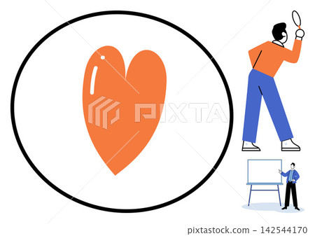 Orange heart icon and people characters vector illustration. Love, health, cardiology, business, presentation, education. Symbol of affection and professionals working with charts Orange heart icon and people characters vector illustration. Love, health, cardiology, business, presentation, education. Symbol of affection and professionals working with charts 142544170